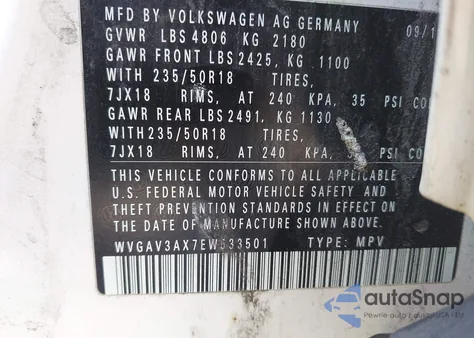 2014 Volkswagen Tiguan Se из США, поврежденный, VIN WVGAV3AX7EW533501